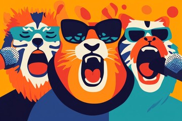 Fototapeta premium Three cats wearing sunglasses and microphones are singing. The cats are in a colorful, artistic style. Scene is fun and playful
