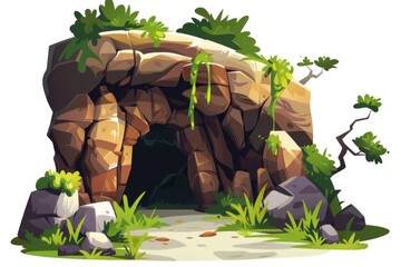 A desert cave entrance surrounded by rocky terrain, cacti, and sparse vegetation. The cave is dark inside, and the rocky formations have patches of green plants growing on them