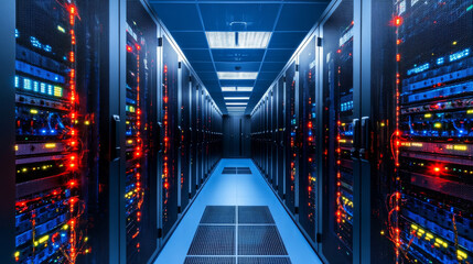 Obraz premium A modern data center corridor filled with server racks illuminated by colorful LED lights, showcasing advanced technology and infrastructure. atmosphere is vibrant and high tech, reflecting digital ag
