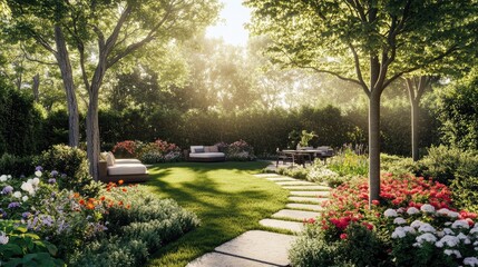 Fototapeta premium Vibrant Backyard Garden with Lush Greenery and Flowers