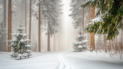 A foggy winter forest with tall trees disappearing into the mist, snow on the ground, and a mystical silence all around.