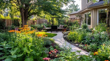 Fototapeta premium Lush Vibrant Backyard Garden Oasis