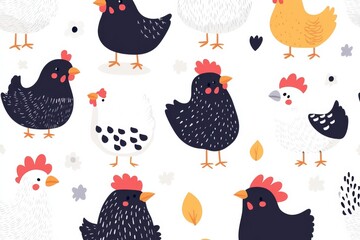 A collection of cartoon chickens in various colors and sizes. The image has a playful and whimsical mood, with the chickens standing in a pattern on a white background