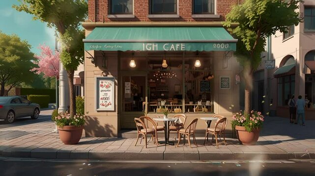 cafe on the side of the road. seamless looping 4k video background animation