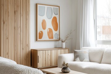 Minimalist, a modern Scandinavian interior in a living room with an af frame hanging on the wall from wood and a sofa and wood cabinet. Generative AI
