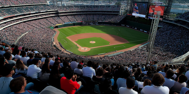 Huge crowd of baseball fans is watching a baseball game in a stadium