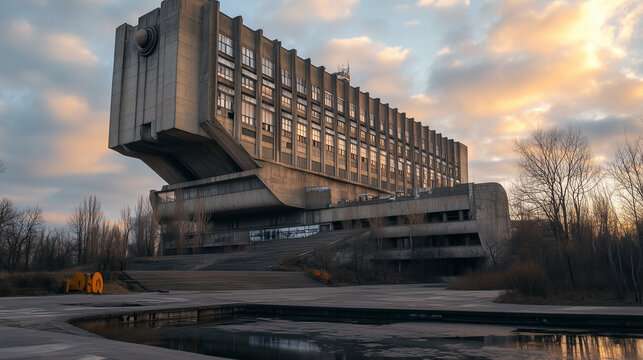 Brutalist architectural building at dusk with dramatic sky, reflecting urban decay and modernism