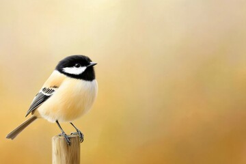 Naklejka premium A small bird is perched on a wooden post. The bird is yellow and black, and it is looking to its left. The image has a peaceful and serene mood, as the bird is alone
