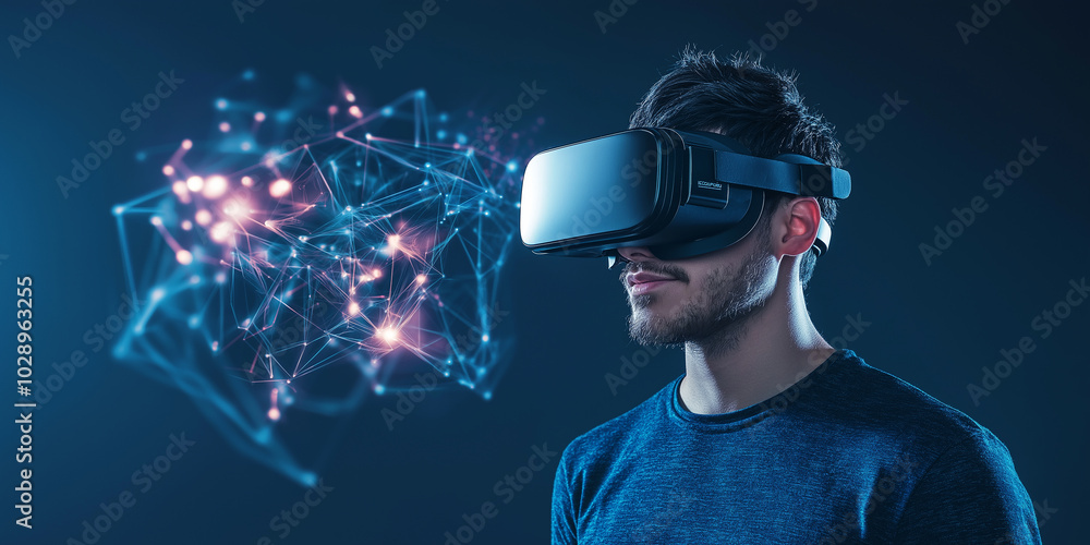 Poster Software developer using virtual reality glasses with neural network illustration