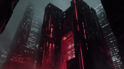 Naklejka premium Futuristic cityscape with towering skyscrapers illuminated by red neon lights, shrouded in mist and mystery
