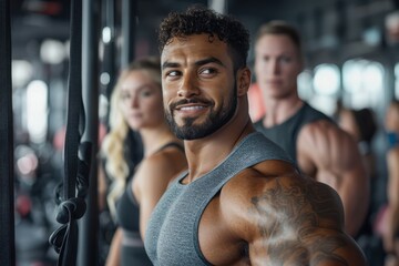 A smiling, muscular man stands informally in a gym setting, surrounded by other gym members, radiating confidence and a welcoming atmosphere of camaraderie.