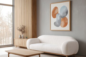 Minimalist, a modern Scandinavian interior in a living room with an af frame hanging on the wall from wood and a sofa and wood cabinet. Generative AI

