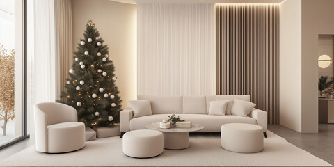 Modern minimalist living room interior decorated for christmas with a christmas tree