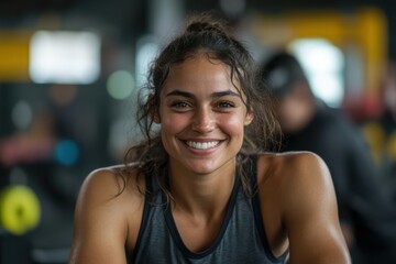 A young woman with a bright smile after an intense workout session in the gym, embodies enthusiasm and satisfaction, with gym goers behind her in focus.