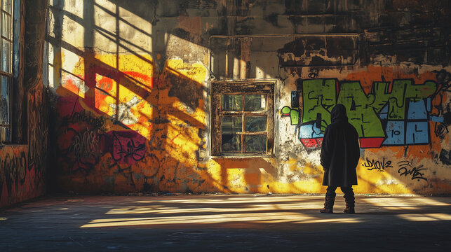 A hooded figure stands in a sunlit, graffiti-covered abandoned building, casting dramatic shadows across the weathered walls - Powered by Adobe