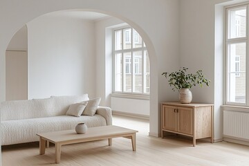 Fototapeta premium A modern Scandinavian interior in the living room with minimalist, arched walls and wood cabinets and sofas. Generative AI 