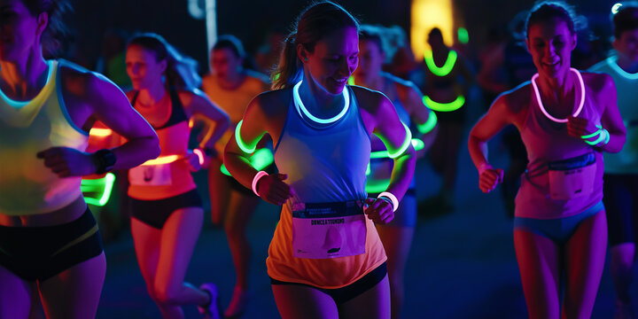 Group of people running a neon night race