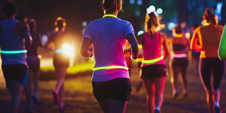 Runners wearing glow sticks participating in a night marathon