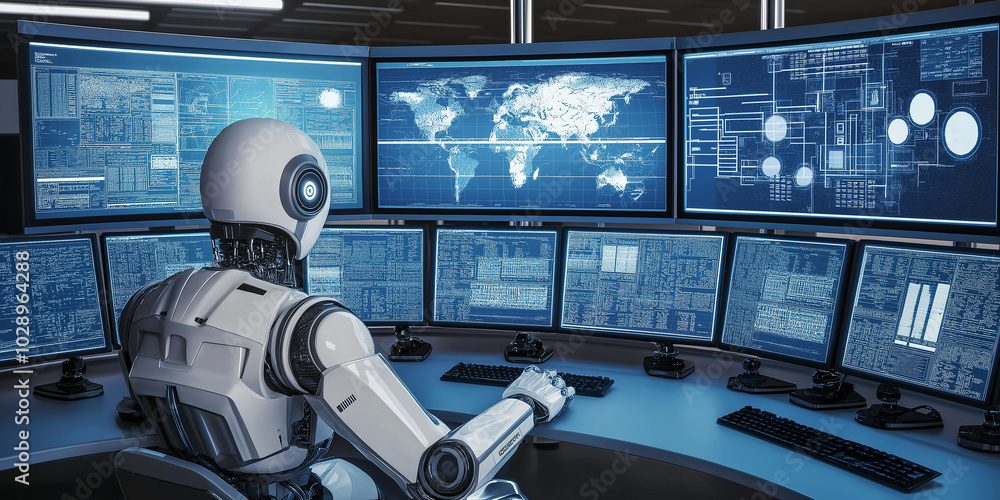 Poster Robot working at desk analyzing data on multiple computer screens