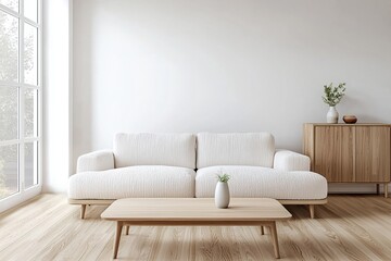 Minimalist, modern Scandinavian interiors in the living room with windows and sofas and wood cabinets. Generative AI
