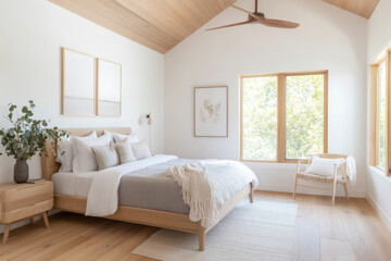 Fototapeta premium A serene bedroom featuring wooden bed with soft linens, cozy chair, and large windows allowing natural light to fill space. minimalist design creates calming atmosphere