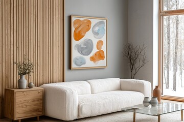 Fototapeta premium Minimalist, contemporary Scandinavian interiors in the living room with art frames hanging and sofas and wood cabinets. Generative AI 