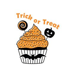 Halloween cupcake, Trick or Treat postcard, orange and black vector illustration