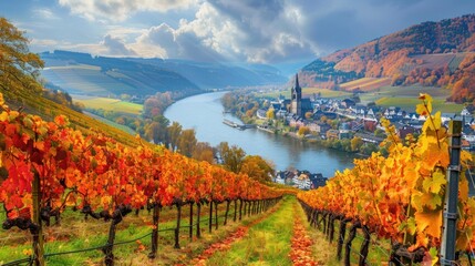Naklejka premium Autumnal Vineyard Landscape with River and Town