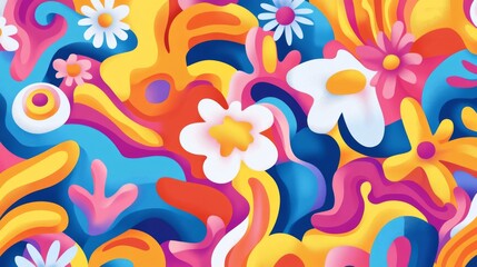 A colorful, abstract painting of flowers and other shapes. The painting is full of bright colors and has a whimsical, playful feel to it