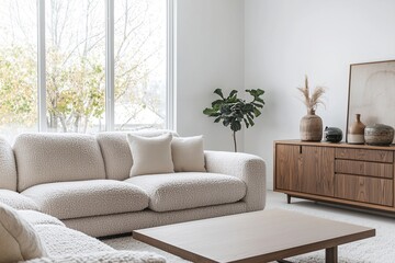 Minimalist, contemporary Scandinavian interiors in the living room with windows and white sofas and wood cabinet. Generative AI
