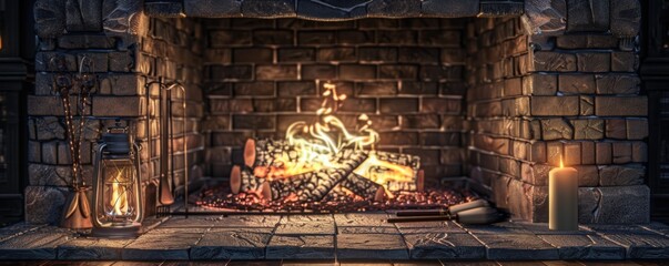 Fototapeta premium Fireplace tools beside the hearth, 4K hyperrealistic photo