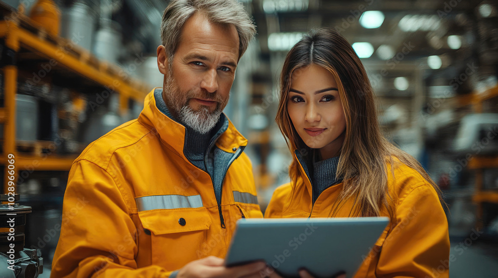 Poster industrial engineers analyzing data on a tablet in a factory, highlighting technology and teamwork i