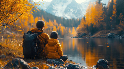 Father and son wearing outdoor gear, seated together on a forest path in autumn, surrounded by orange leaves. Captures nature bonding and family time