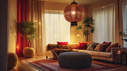 Diwali decoration in room, Living room setup with Diwali decorations, including string lights and hanging lanterns