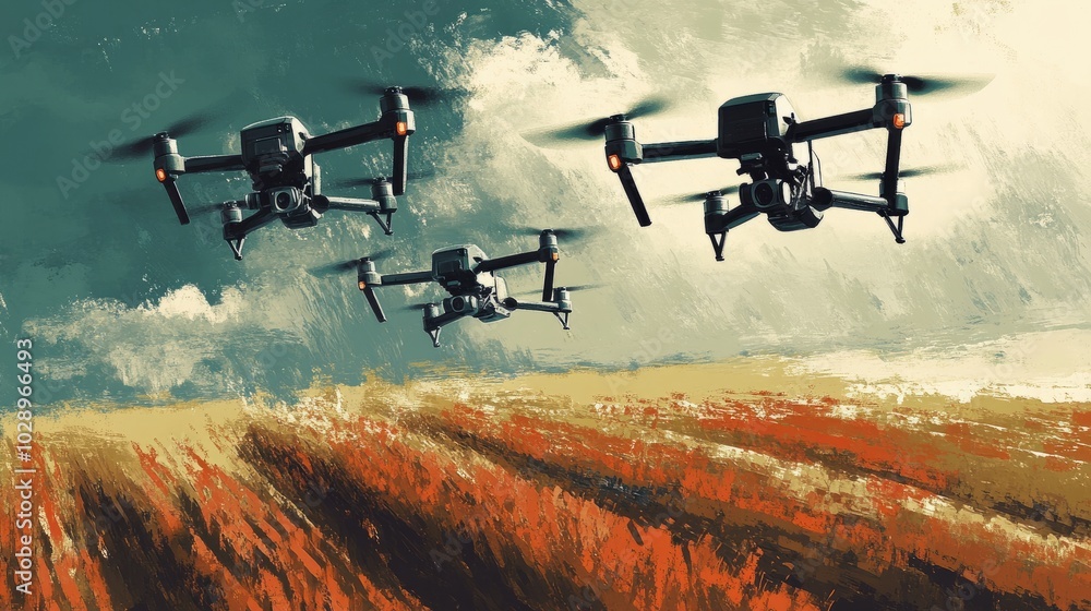 Poster a drone fleet flying over agricultural fields, gathering crop data efficiently in an automated proce