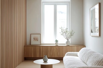 A modern Scandinavian interior in a living room with minimalists, wood cabinets and sofas, and windows. Generative AI
