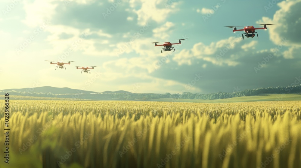 Poster a drone fleet flying over agricultural fields, gathering crop data efficiently in an automated proce