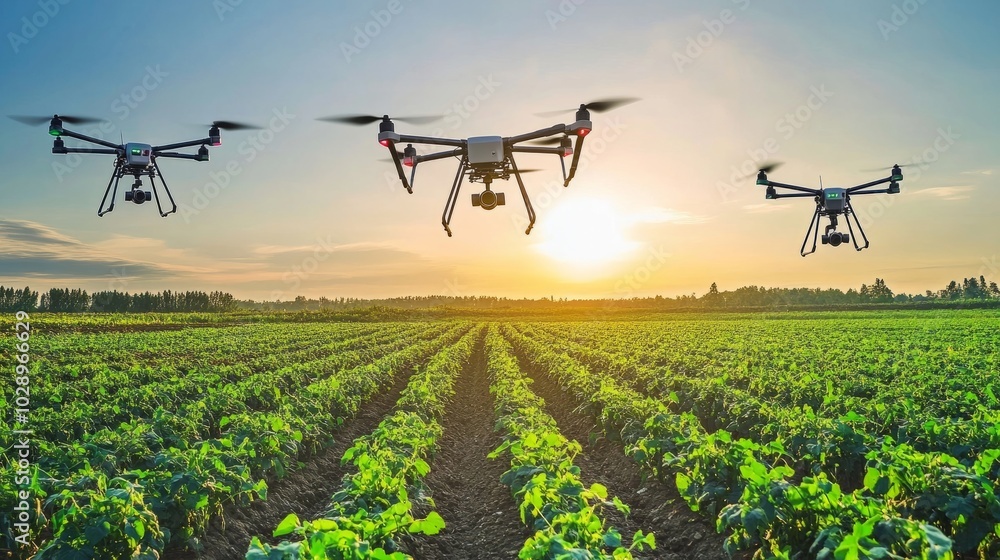 Poster a field monitored by a drone fleet, capturing crop data autonomously as part of a smart farming oper