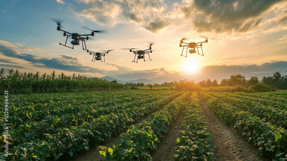 Poster a field monitored by a drone fleet, capturing crop data autonomously as part of a smart farming oper