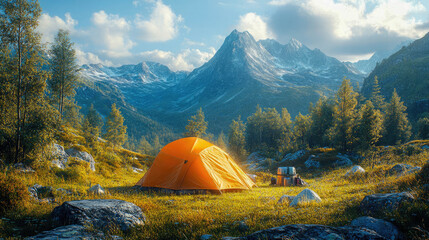 Yellow tent in a beautiful mountainous landscape with lush green grass and wildflowers, ideal for outdoor camping and adventure lovers