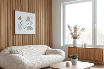 Fototapeta premium Minimalist, modern Scandinavian interiors in living rooms with sofas and wood cabinets. Generative AI 