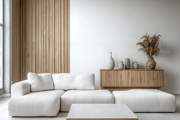 Minimalist, modern Scandinavian interiors in living rooms with sofas and wood cabinets. Generative AI
