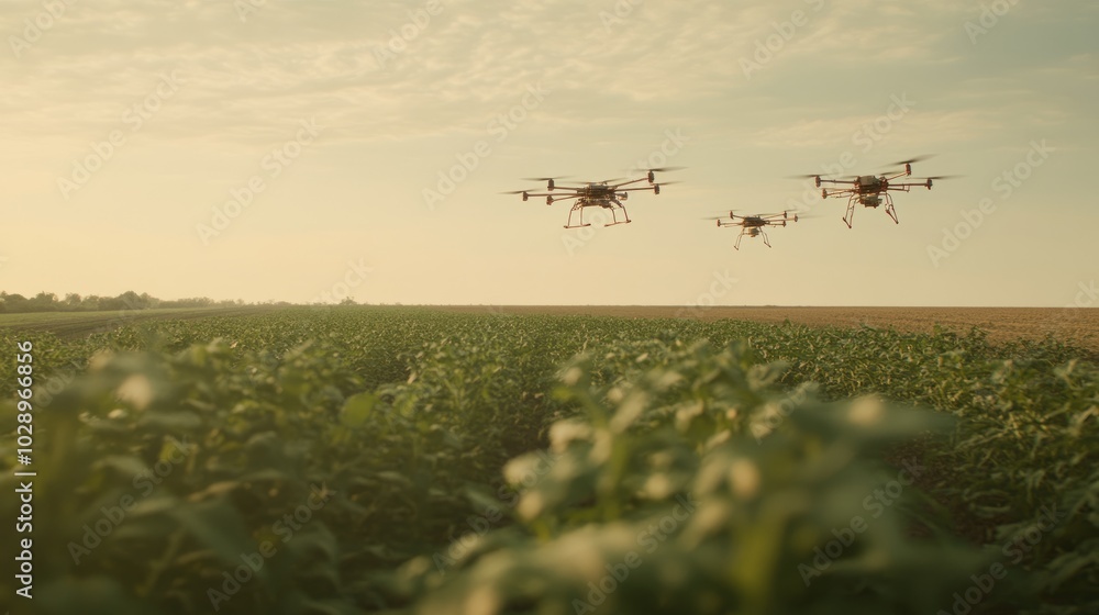 Poster a fleet of drones with sensors collecting real-time plant health data over an open farm field, unman