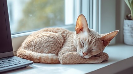 Cozy autumn day: cat sleeping by a sunlit window