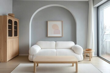 Minimalist, modern Scandinavian interiors in living rooms with sofas and wood cabinets. Generative AI
