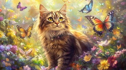 Playful Cat Exploring a Sunny Garden Scene