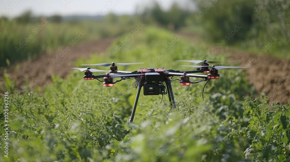 Poster autonomous drones monitoring crops, scanning plants for health insights with advanced sensors over f