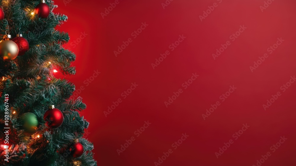 Wall mural festive christmas fir tree with colorful ornaments and garland on red background