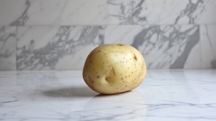 A Single Russet Potato Resting on a White Marble Countertop