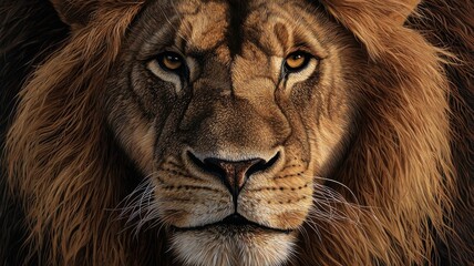 Fototapeta premium Majestic lion portrait, fierce expression, captivating gaze.